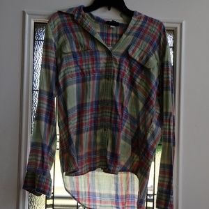 Green multi color button down shirt